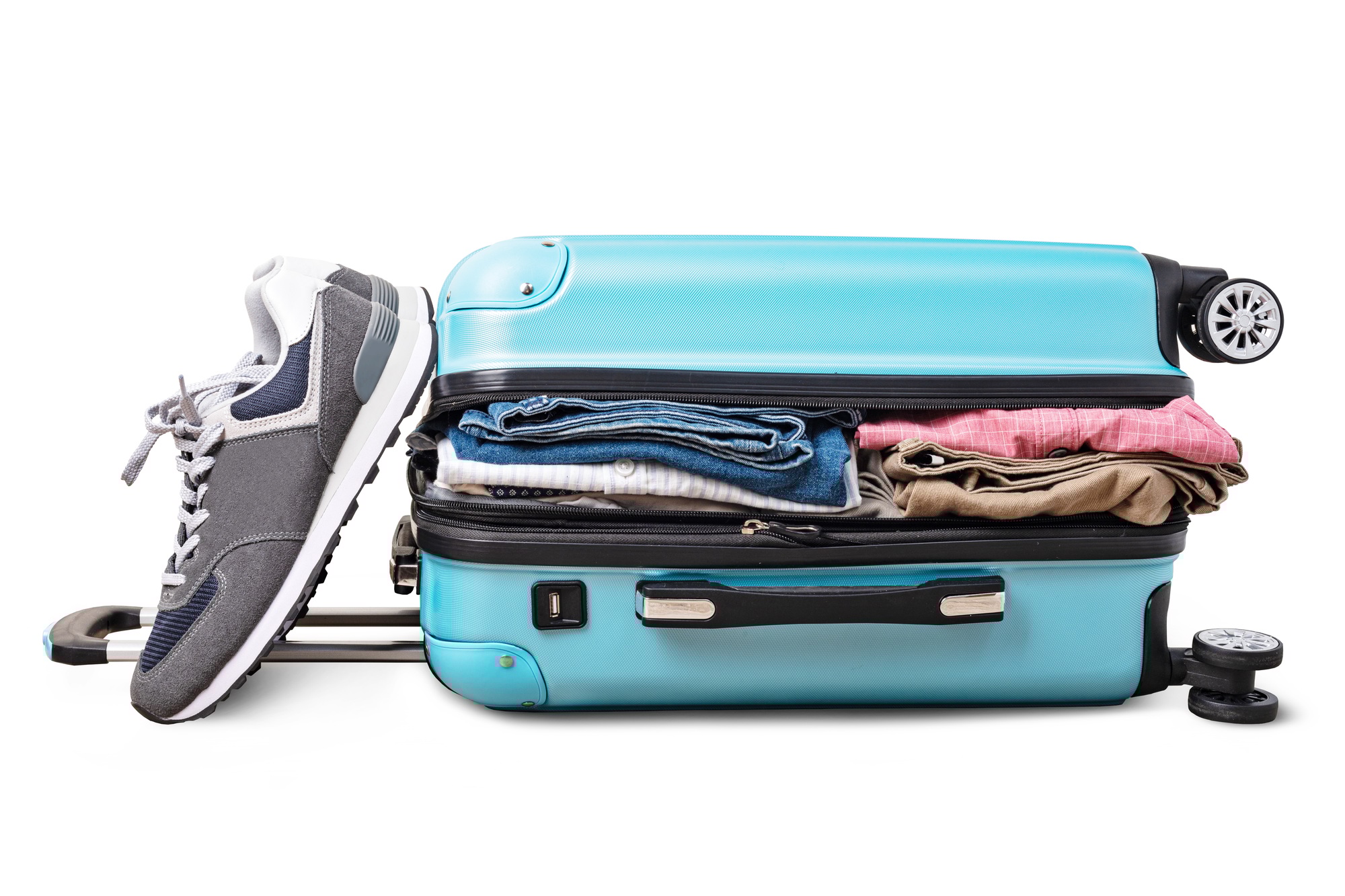 open suitcase with casual clothes